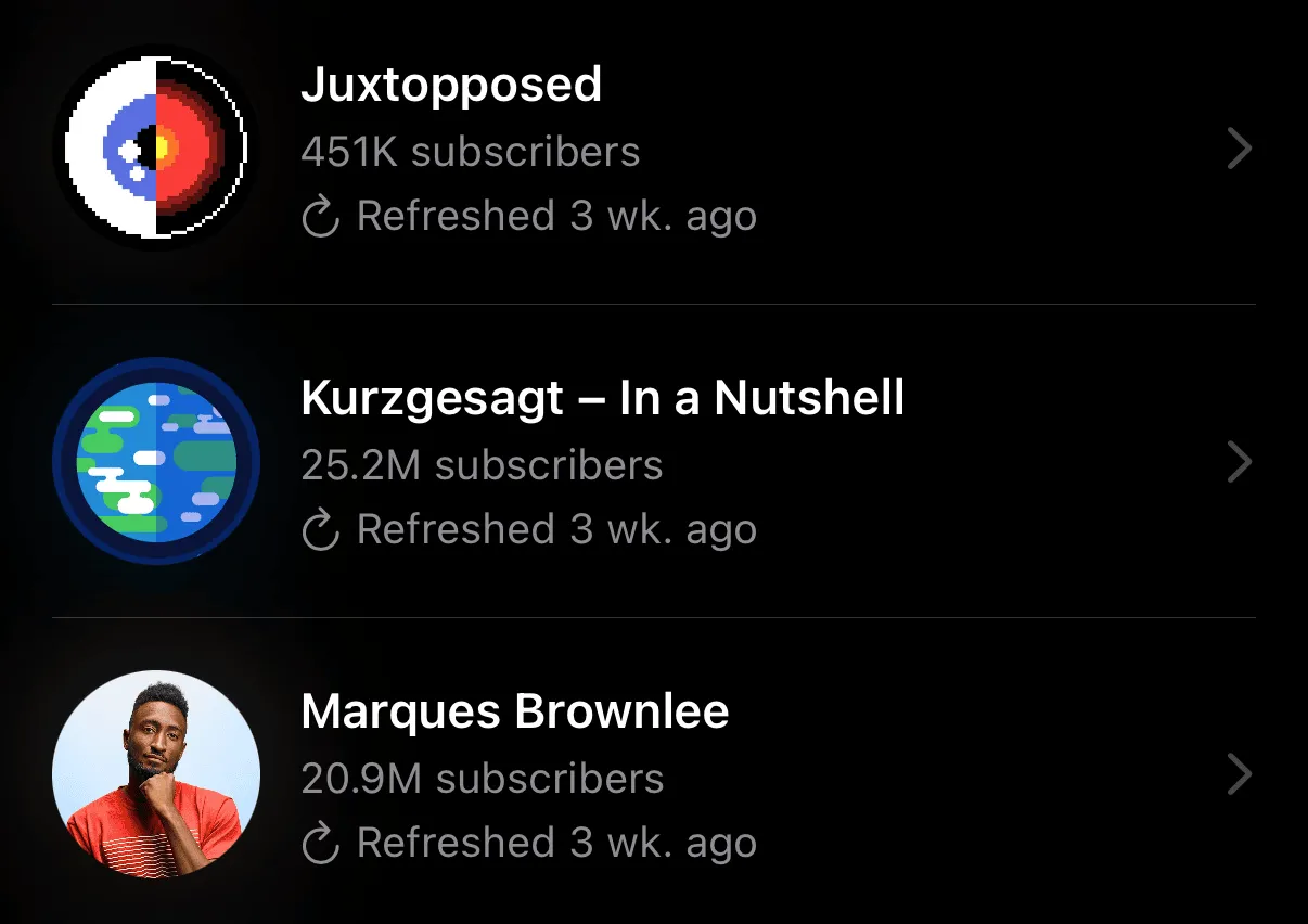 Channels list showing Juxtopposed, Kurzgesagt, and Marques Brownlee with subscriber counts