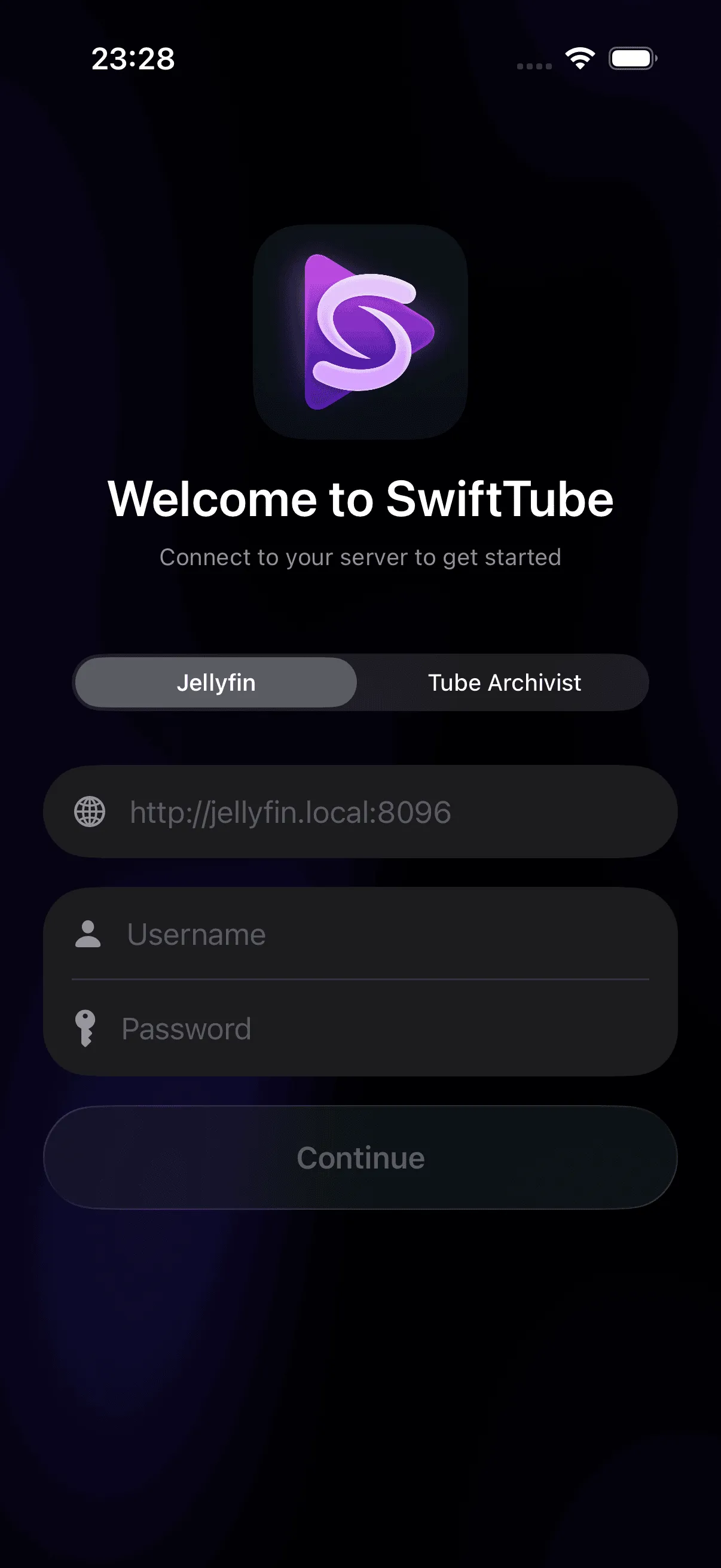 Onboarding screen with backend picker and server URL input