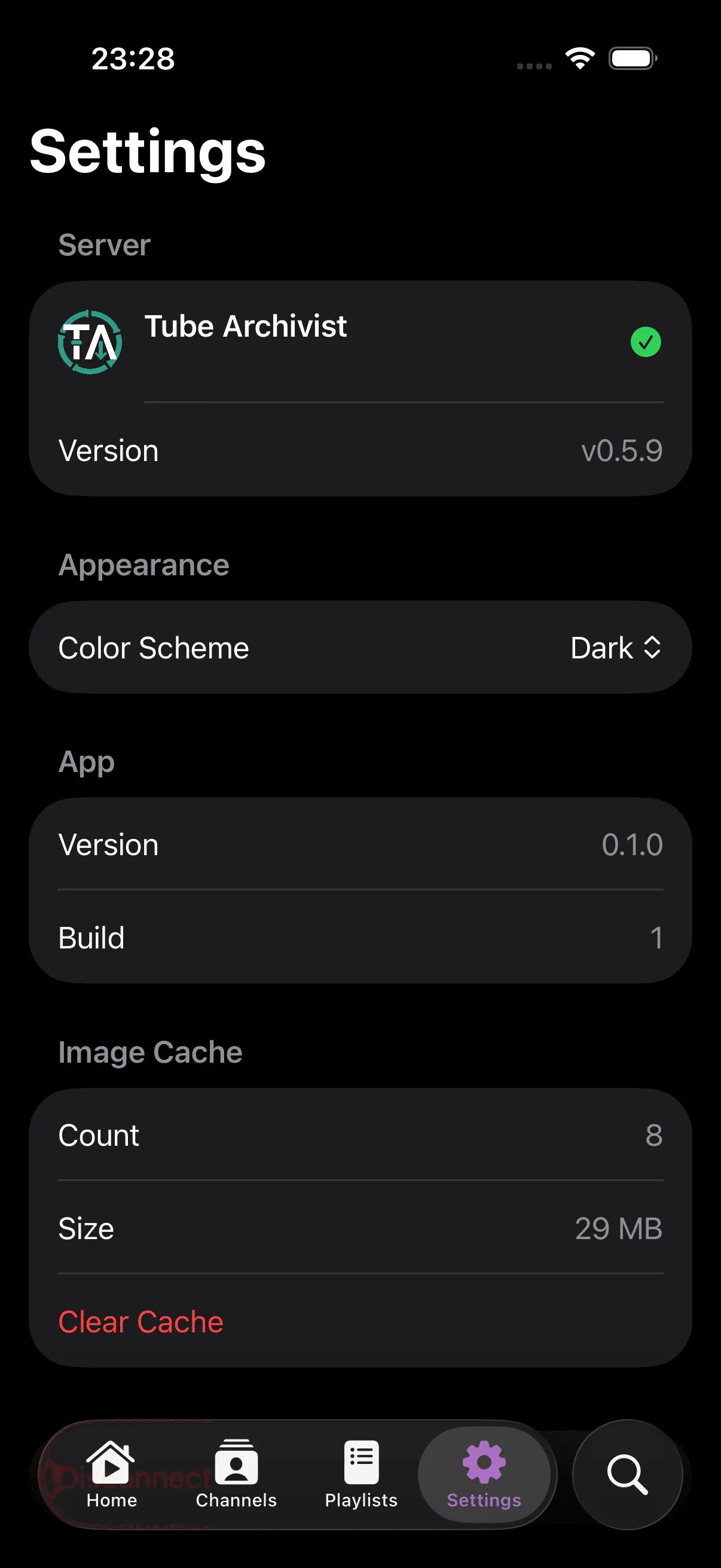 Settings screen with appearance, cache management, and server configuration