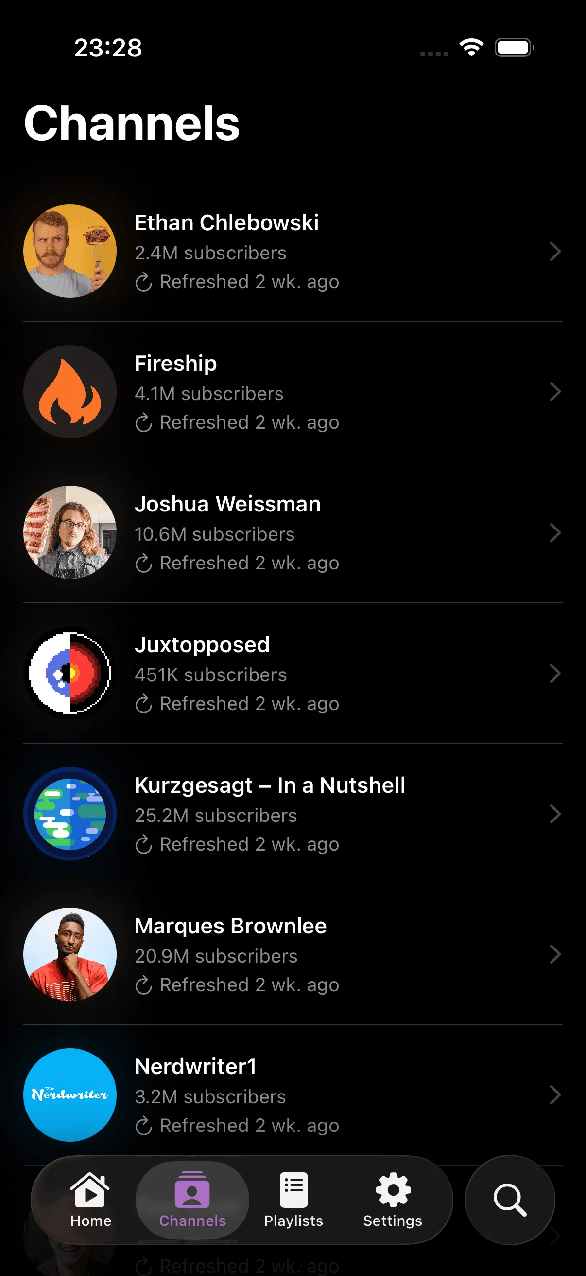 Channels list showing subscribed channels with subscriber counts and refresh dates
