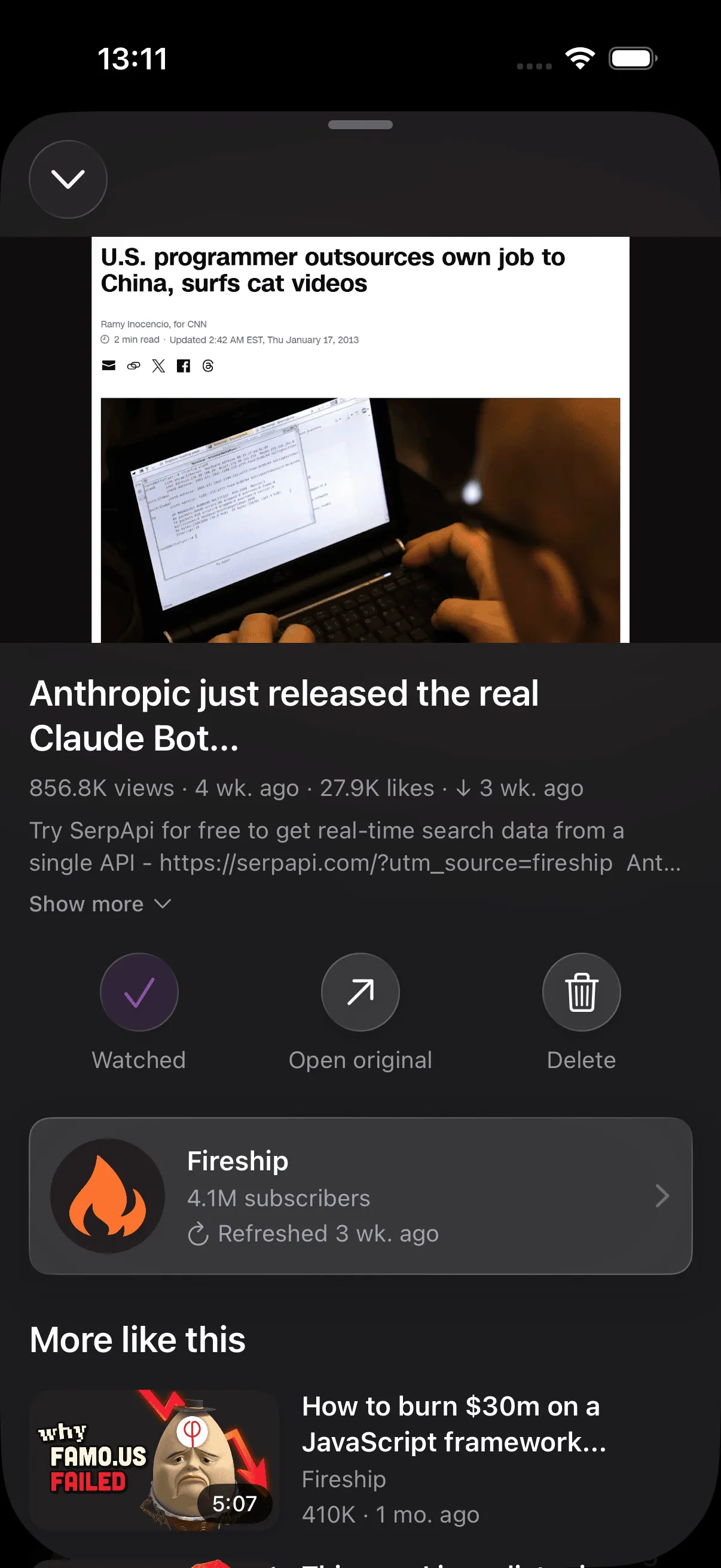 Video detail with native player, description, channel info, and similar videos