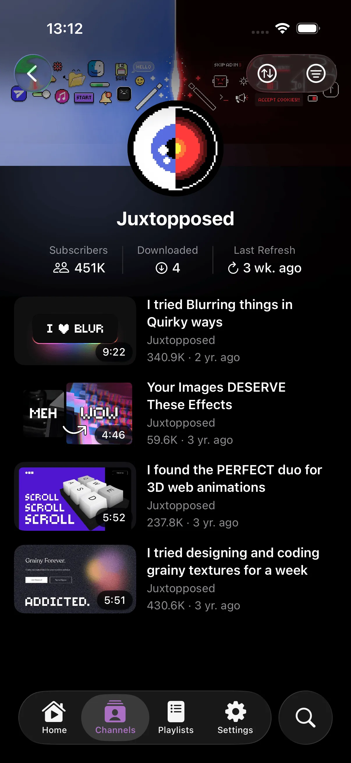 Channel detail view with parallax banner, stats, and video list