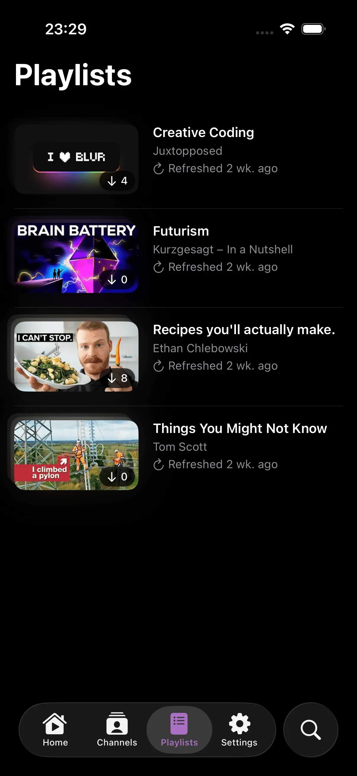 Playlists view showing playlist thumbnails with download progress