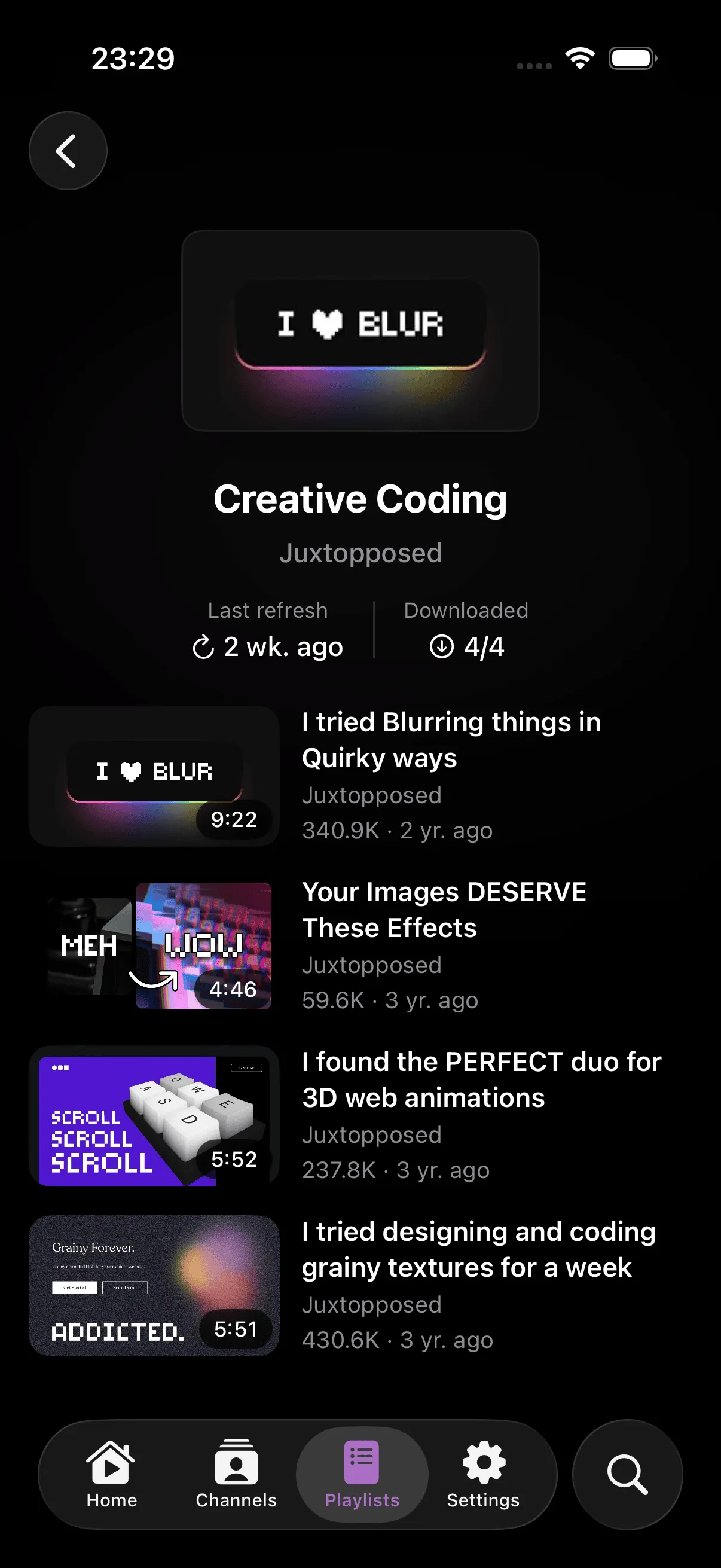 Playlist detail showing videos with duration and metadata