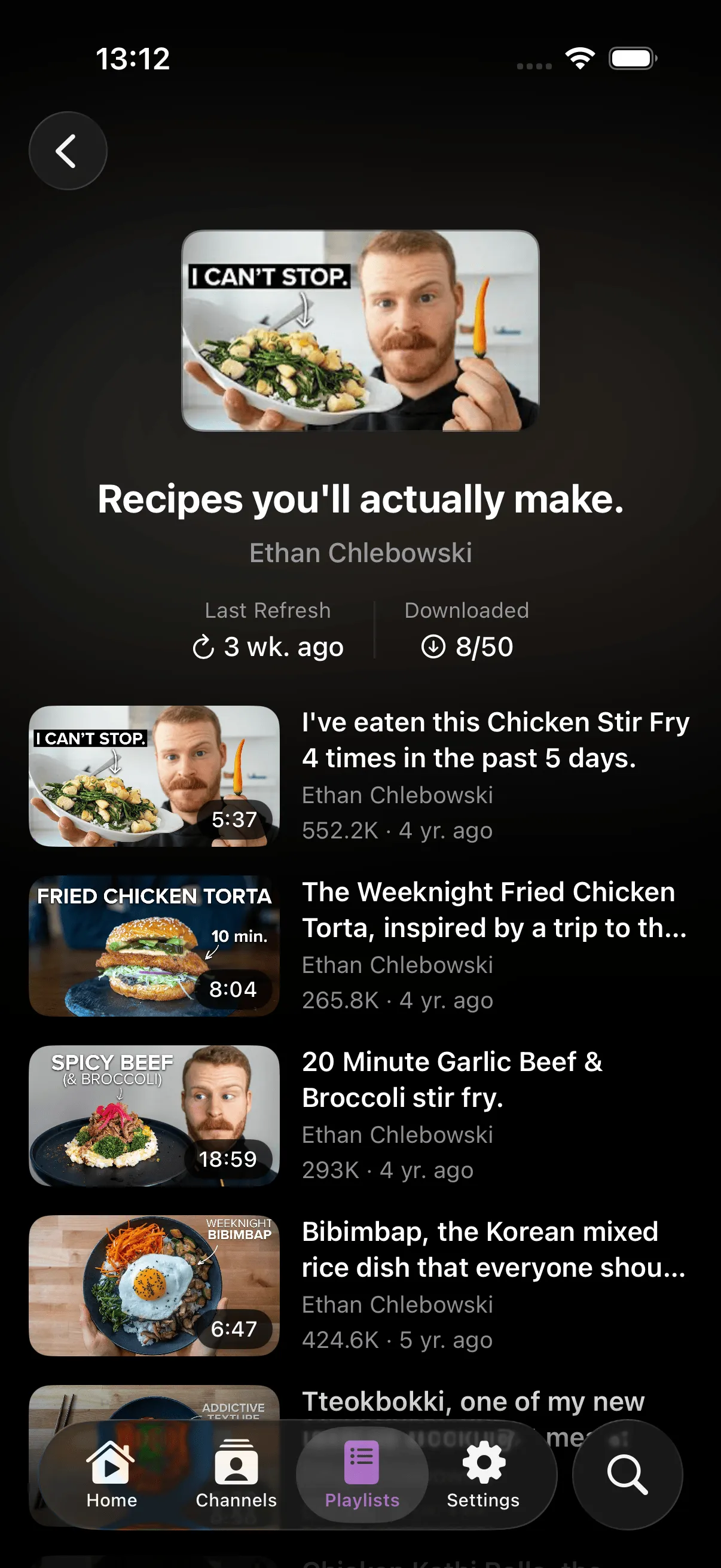 Playlist detail showing videos with duration and metadata