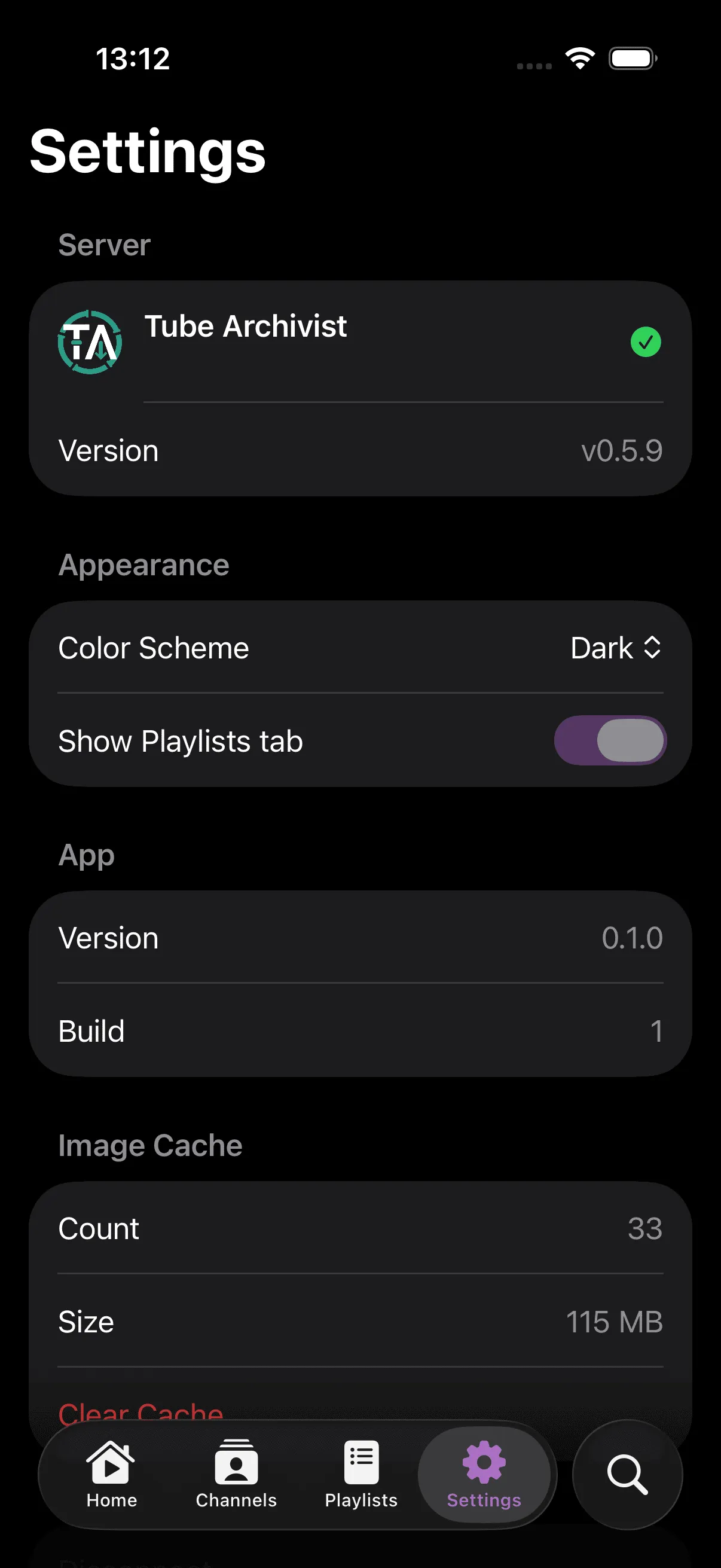 Settings screen with appearance, cache management, and server configuration