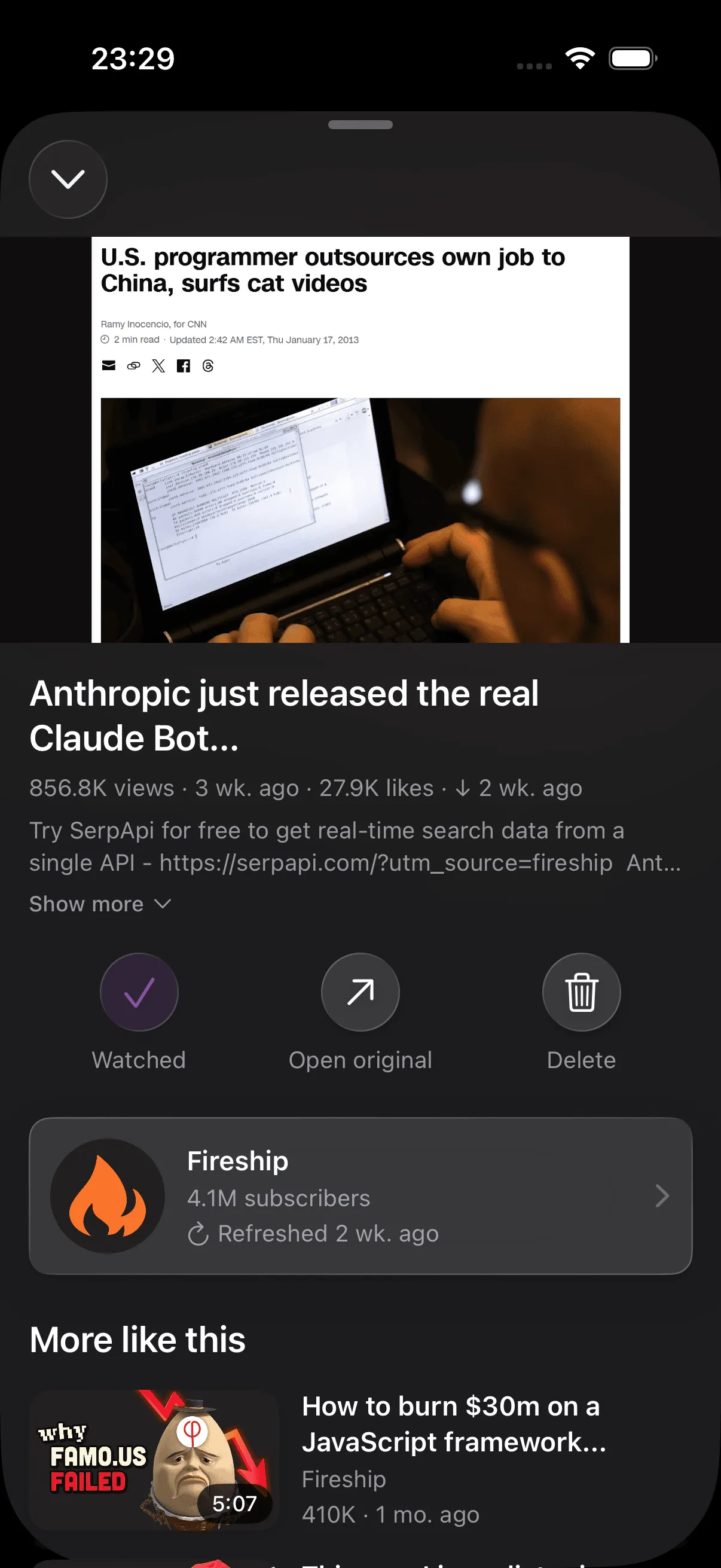 Video player with native controls, description, channel info, and similar videos
